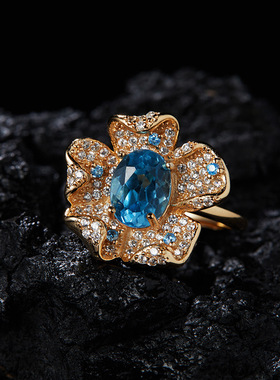 S925纯银天然托帕石石榴石彩宝戒指女时尚潮款花朵设计小红书热卖