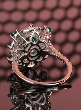 925纯银祖母绿戒指女切割水滴形复古风设计跨境指环现货文艺复古