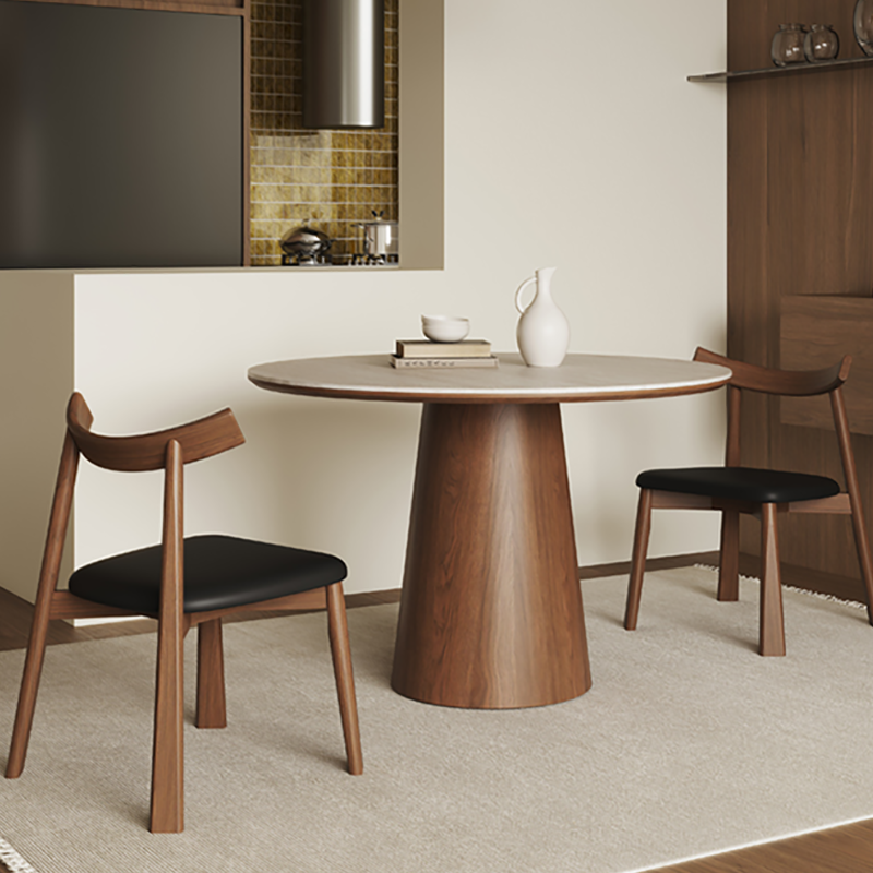 洞石岩板圆形餐桌可带转盘家用小户型实木饭桌黑胡桃木色圆餐桌,淘宝优惠券,粉丝福利购,淘宝优惠卷