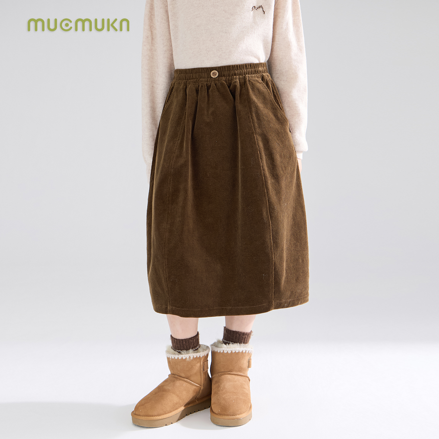 MUCMUKN【雪夜木屋】棉质灯芯绒复古花苞半身腰裙百搭女童冬新款 - 图1