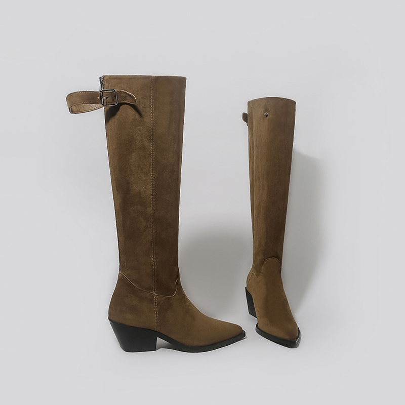 林向晚 美式辣妹~长靴女不过膝骑士靴复古西部牛仔靴松弛感堆堆靴 - 图1