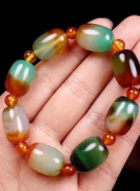 南京天然雨花石孔雀绿玛瑙桶珠手链原石玛瑙手串转运男女礼品