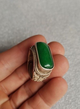 古文杂项藏银足银镶嵌玉石玛瑙宝石民族活口戒指指环