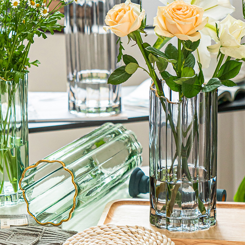 现代简约描金透明直筒玻璃花瓶摆件北欧客厅插花富贵竹干花,淘宝优惠券,粉丝福利购,淘宝优惠卷