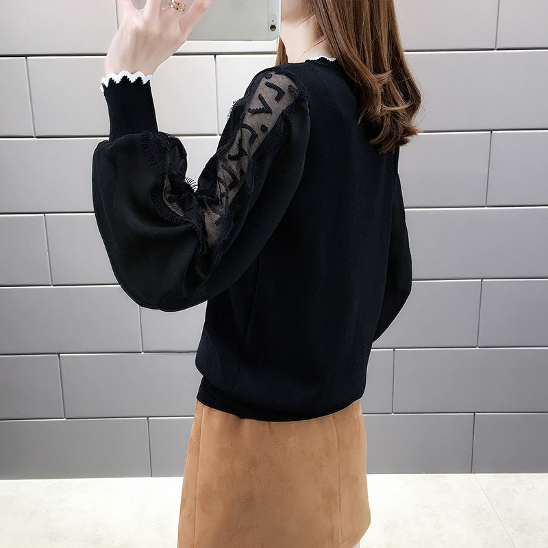 白色长袖t恤蕾丝网纱拼接袖打底衫 岚舒T恤