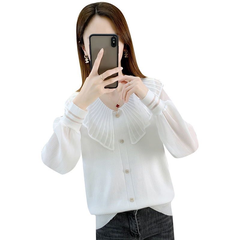 春季2024新款女装薄款娃娃领毛衣打底衫雪纺袖上衣春秋冰丝针织衫
