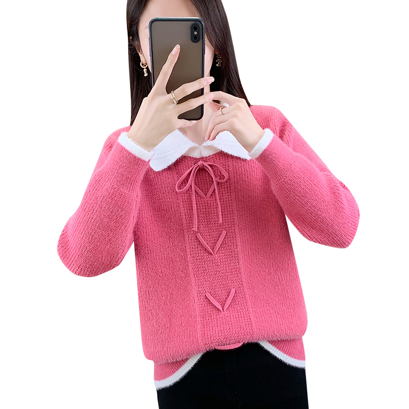 春款娃娃领系带毛衣女套头针织衫2024新款春秋百搭宽松显瘦上衣潮
