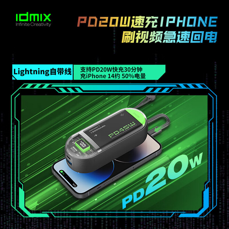 idmix充电宝自带双线PD45W快充15000毫安适用苹果iPhone15Promax-图2