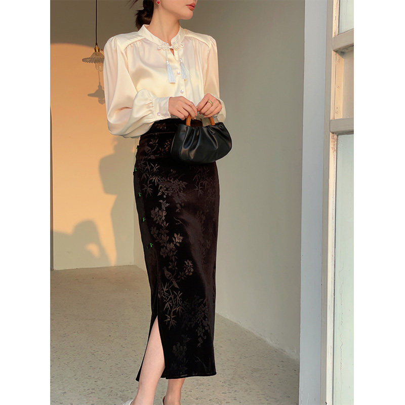 黑色提花半身裙女2026年春季新款新中式国风女装盘扣开叉包臀裙子,淘宝优惠券,粉丝福利购,淘宝优惠卷