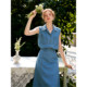 ຊຸດກະໂປງກະໂປງ denim sleeveless ສີຟ້າ lapel