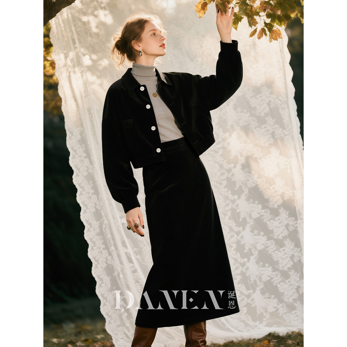 黑色灯芯绒套装女2026年秋冬新款翻领夹克上衣高腰半身裙两件套,淘宝优惠券,粉丝福利购,淘宝优惠卷