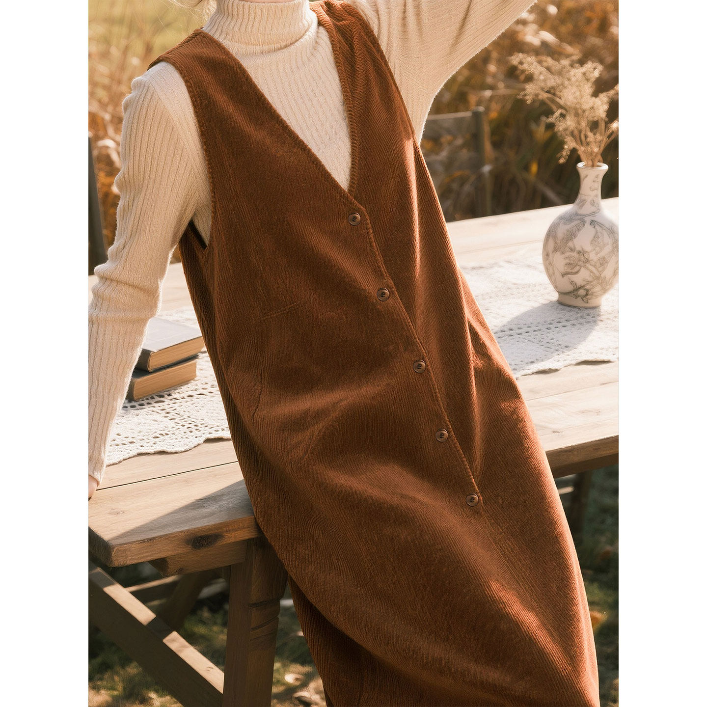 焦糖色灯芯绒背心连衣裙女2025秋冬新款高级感叠穿时尚中长款裙子