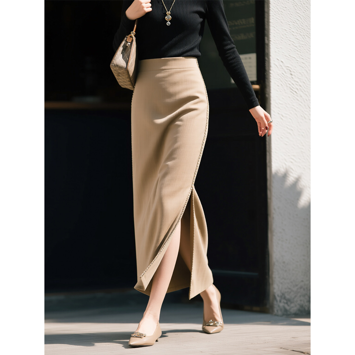 卡其色法式优雅风半身裙女2026年春季新款时尚气质开叉百搭长款裙,淘宝优惠券,粉丝福利购,淘宝优惠卷