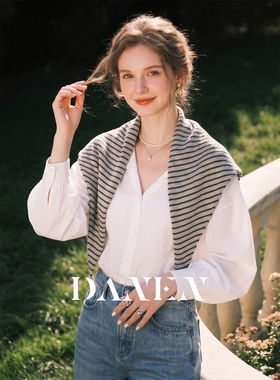 灰条纹针织绵羊毛三角巾披肩女