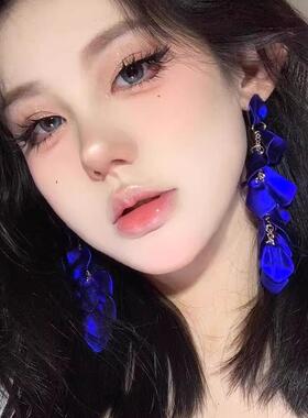 梦核感 蓝色花瓣耳环女复古夸张流苏耳坠韩系高级感轻奢耳钉耳夹