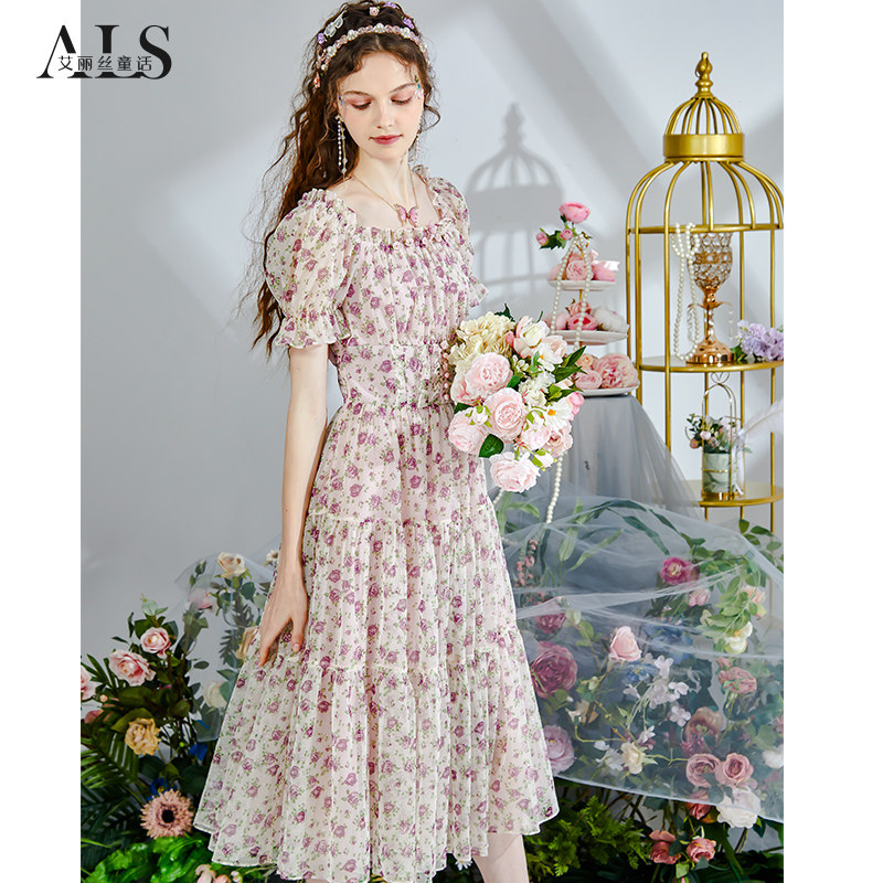 艾丽丝2025夏季新款仙气短袖连衣裙女优雅网纱碎花中长款公主裙子