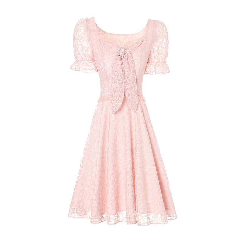 艾丽丝2022夏季新款粉色方领连衣裙 艾丽丝童话连衣裙