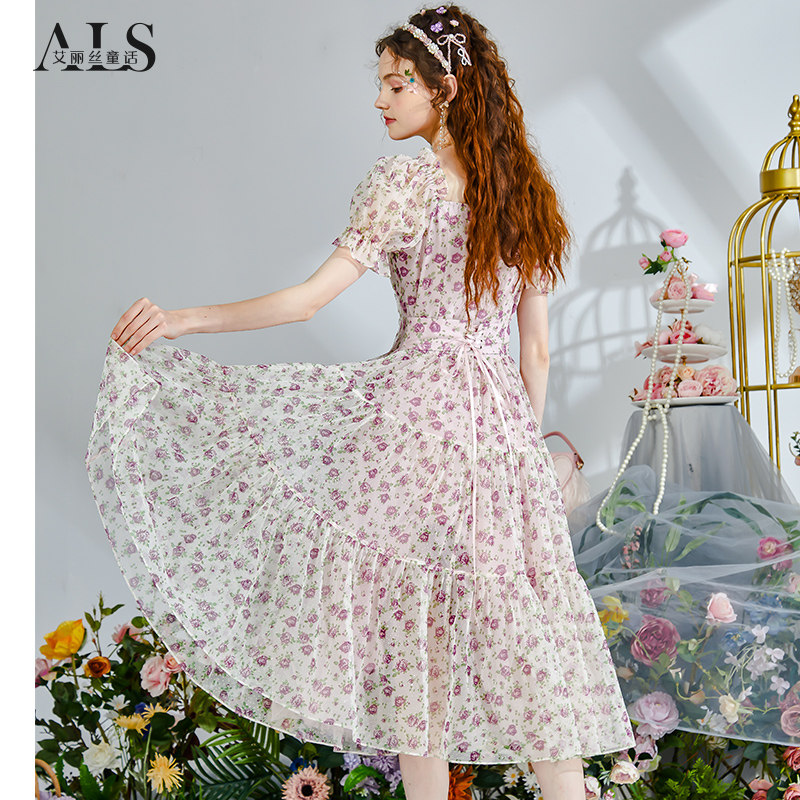 艾丽丝2025夏季新款仙气短袖连衣裙女优雅网纱碎花中长款公主裙子