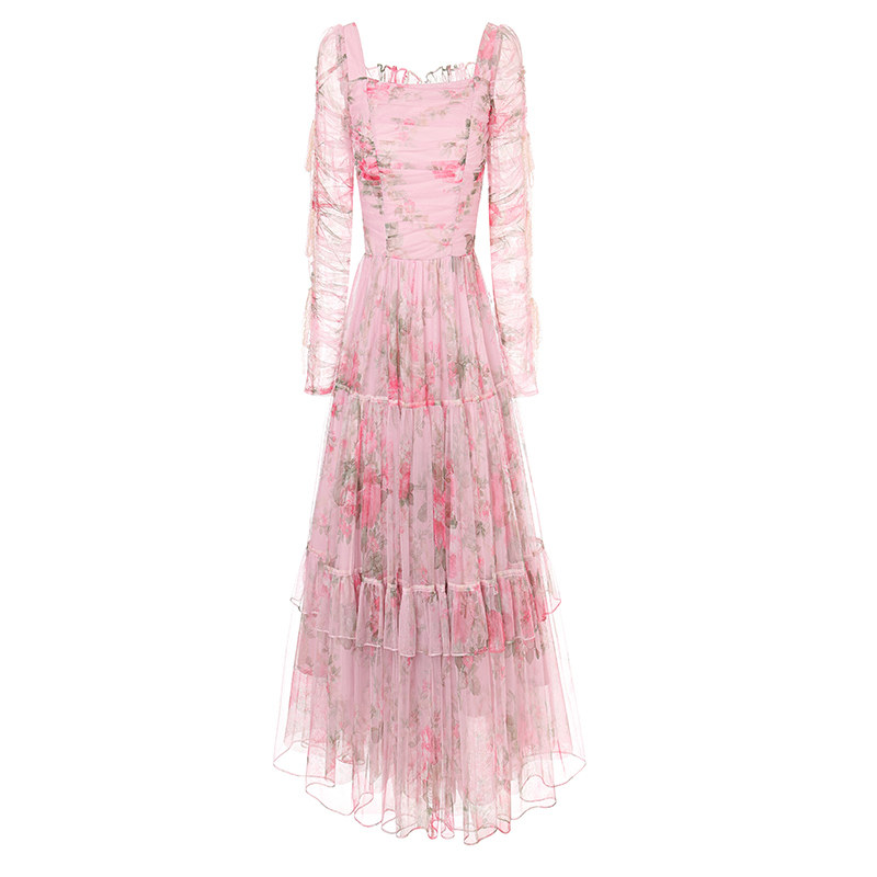 艾丽丝2026春季新款甜美粉色印花连衣裙重工蕾丝方领中长款公主裙,淘宝优惠券,粉丝福利购,淘宝优惠卷