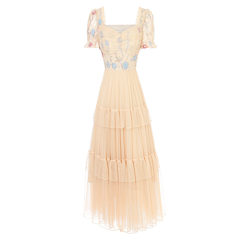 艾丽丝2025夏季新款优雅重工杏色刺绣连衣裙仙气短袖中长款公主裙,淘宝优惠券,粉丝福利购,淘宝优惠卷