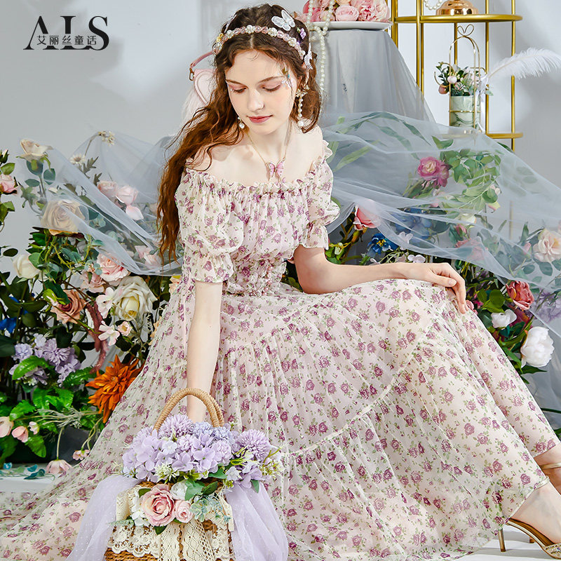 艾丽丝2025夏季新款仙气短袖连衣裙女优雅网纱碎花中长款公主裙子