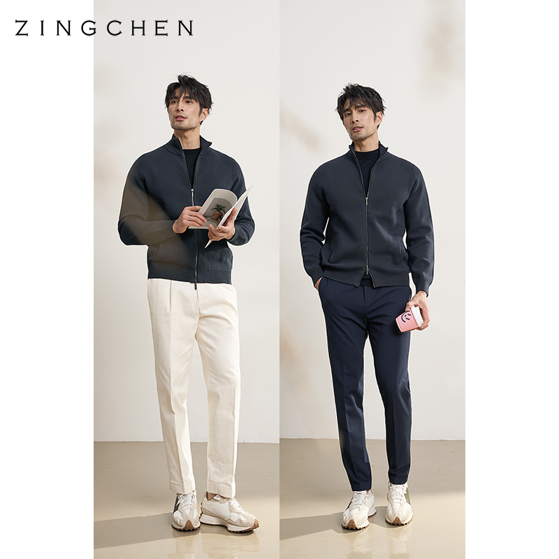 【长绒棉山羊绒】ZINGCHEN 秋冬男士立领针织夹克 毛衣开衫外套