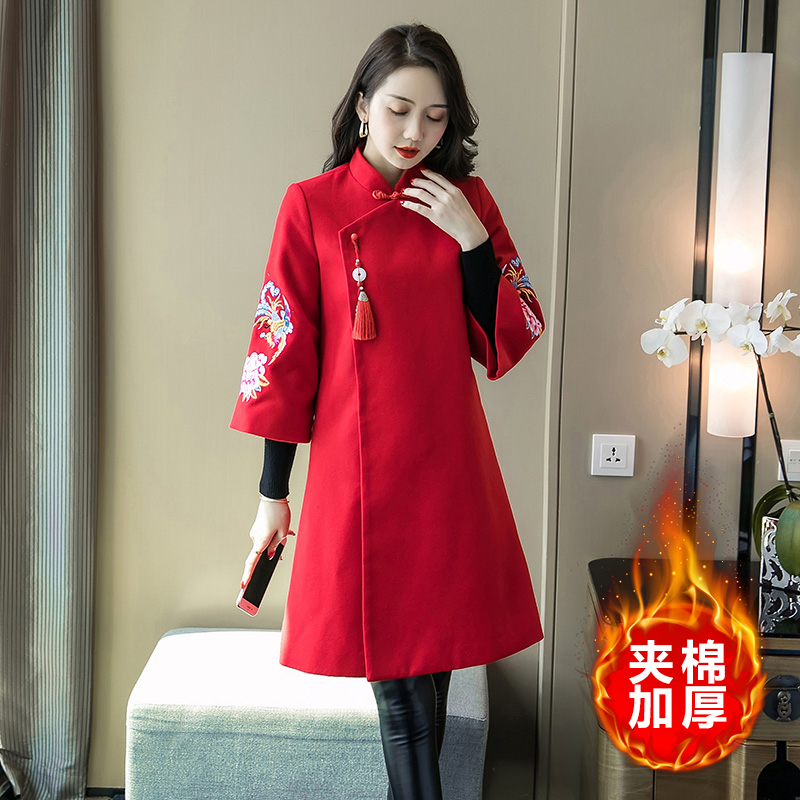 六米斯旗舰店改良旗袍年轻款少女毛呢外套加厚保暖连衣裙唐装女秋冬中国风汉服1