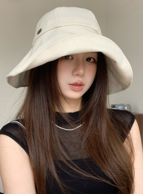 亚麻飘带渔夫帽子女春夏季大帽檐防晒遮阳帽显脸小户外遮脸盆帽潮