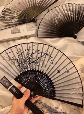 古风小扇子折扇中国风男女汉服舞蹈折叠马面裙新中式古装黑色竹扇