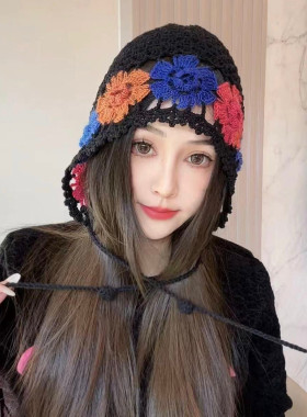 新款手工钩花流苏针织帽子女春夏季镂空透气套头帽彩色花朵包头帽