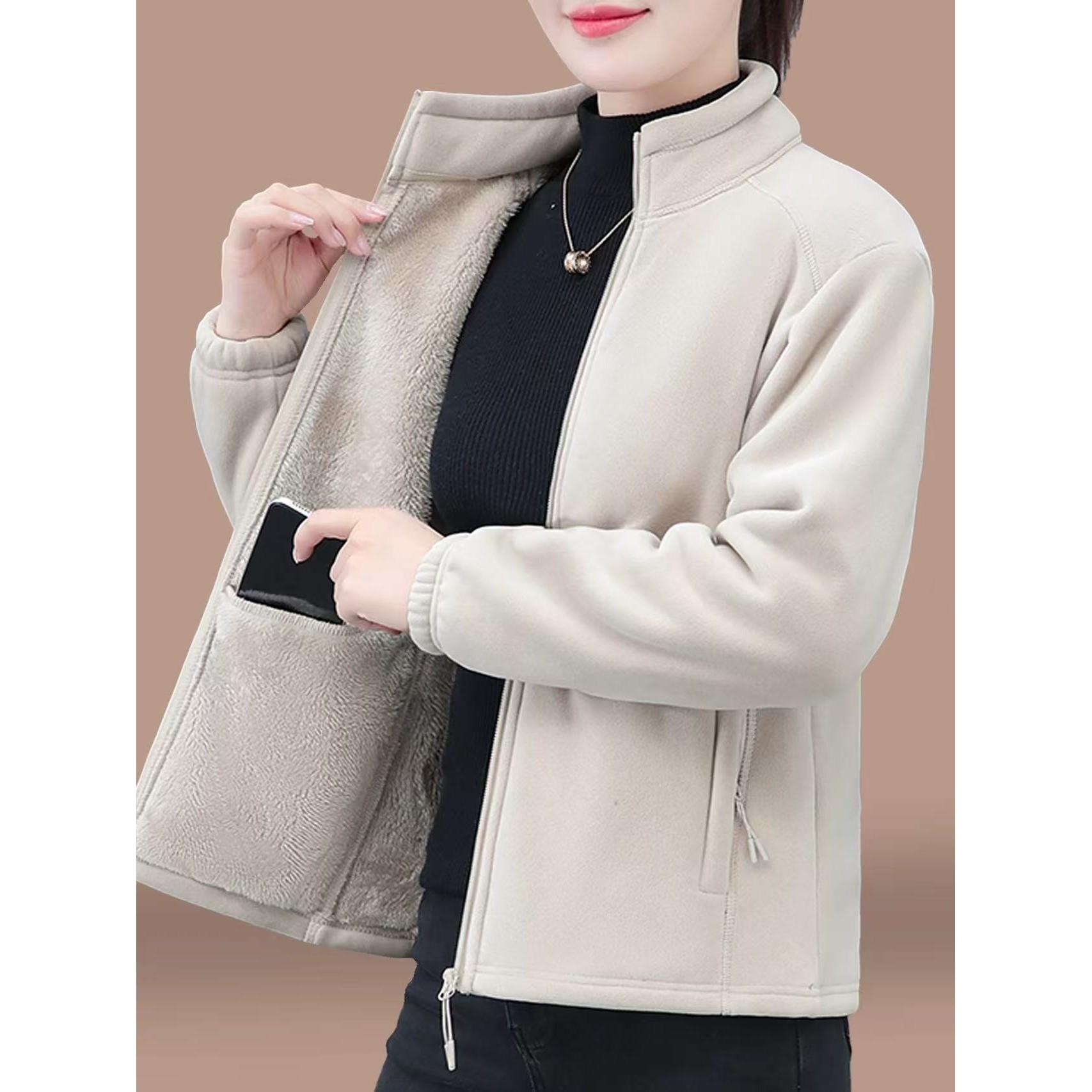 欧洲站双面绒摇粒绒外套女新款冬中年妈妈加绒加厚抓绒衣女士上衣,淘宝优惠券,粉丝福利购,淘宝优惠卷