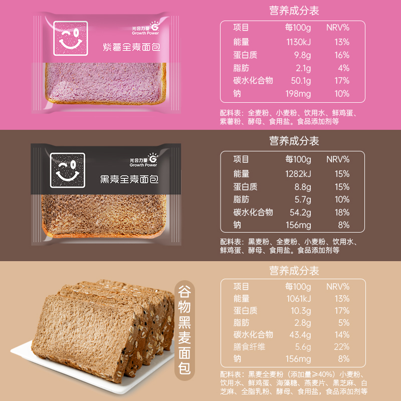 光合力量旗舰店紫薯全麦面包无糖精吐司早餐整箱零食品营养养胃低脂代餐饱腹粗粮3