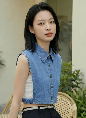 女士假领子百搭春秋冬季复古高级感牛仔尖圆衬衫节约领衬衣打底衫