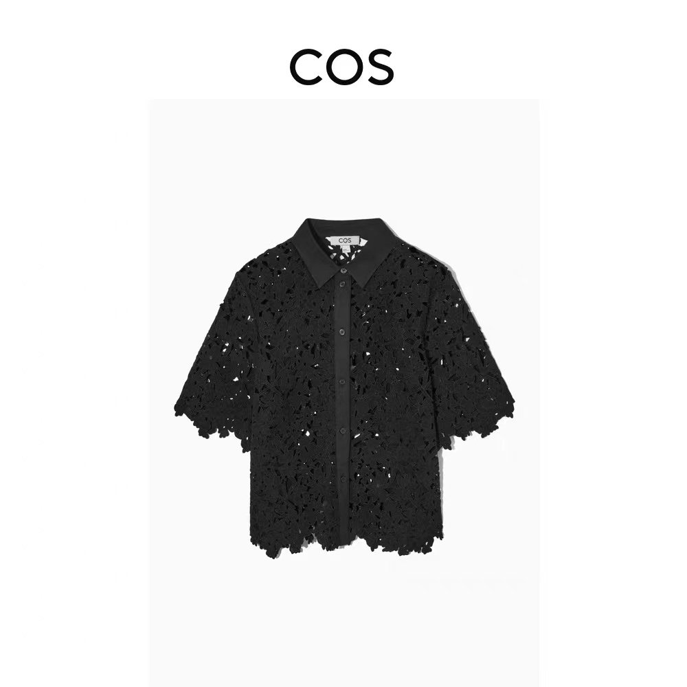 COS女装标准版型府绸领刺绣蕾丝衬衫黑色2023春季新品1153167001_虎窝淘