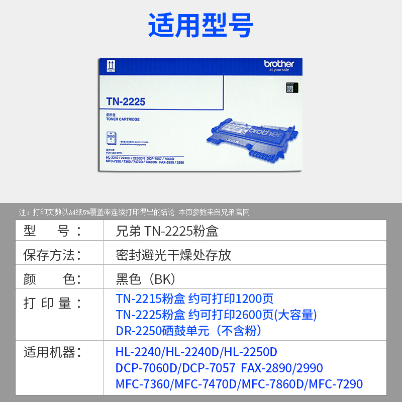 原装兄弟TN-2225粉盒TN-2215墨粉盒硒鼓MFC-7360 HL-2250 HL2240D DCP-7057 7060D 7290 2890 7470D 7860DN - 图2