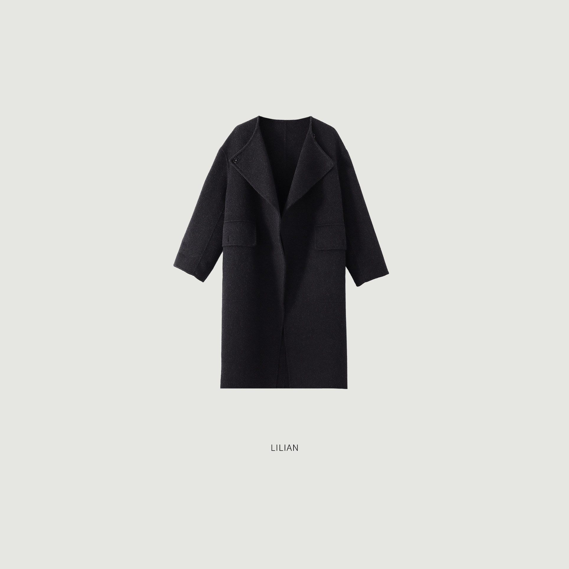 莉莉LIlian ·“极简廓形”进口绵羊毛混纺 无领斜门襟双面呢大衣 - 图1