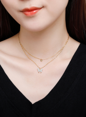 双层叠戴蝴蝶项链纯银基础款金潮