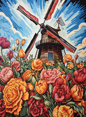风车与鲜花数字油画diy画画高级感填色油彩画解压填充丙烯挂画