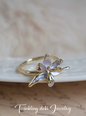 紫鸢尾花戒指法式艺术感小众超仙花朵优雅高级感多层立体开口戒指