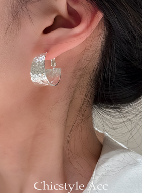 S925银针欧美锡纸褶皱金属宽边简约夸张大气耳环耳圈潮人时髦气质