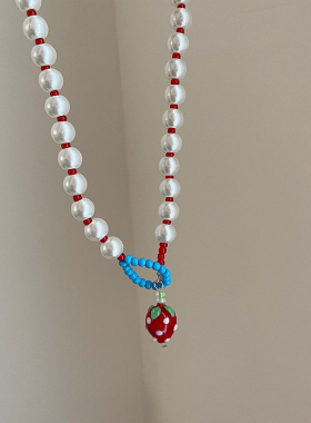 趣味红色草莓珍珠串珠项链女甜美精致可爱时尚优雅百搭颈链锁骨链