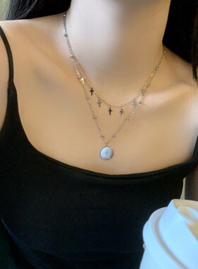 欧美时尚镀金钛钢复古高级感双层叠戴链条十字架芒星圆牌吊坠项链