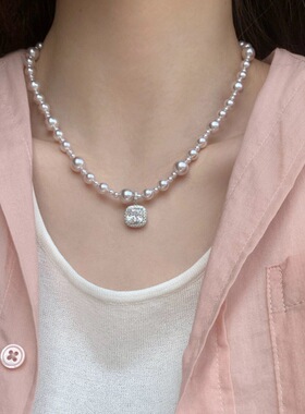 曼塔玫瑰珍珠方糖项链女款高级感珍珠锁骨链颈链温柔百搭锁骨链女