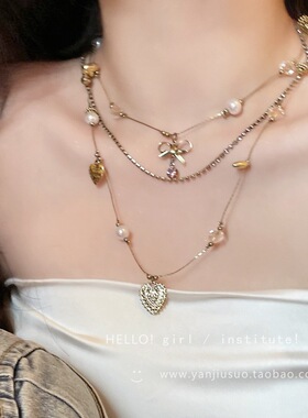 古着vintage爱心项链配饰女新款2024爆款锁骨链复古多层叠戴颈链