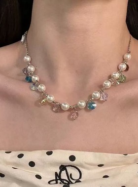 夏日多巴胺彩色水晶珍珠项链女2025年新款小众甜美设计感锁骨链