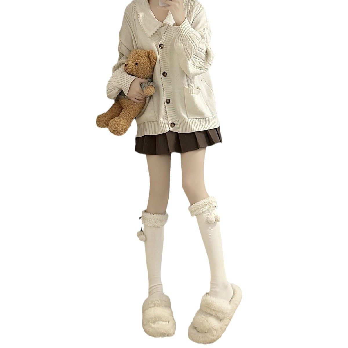 奶白色小腿袜子女秋冬款加厚保暖蝴蝶结毛球中筒及膝堆堆袜日系jk,淘宝优惠券,粉丝福利购,淘宝优惠卷