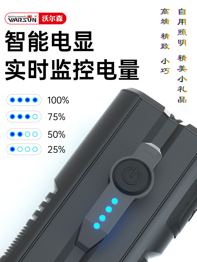 沃尔森迷你手电筒超亮多功能强磁吸充电便携灯光户外家用led小型x