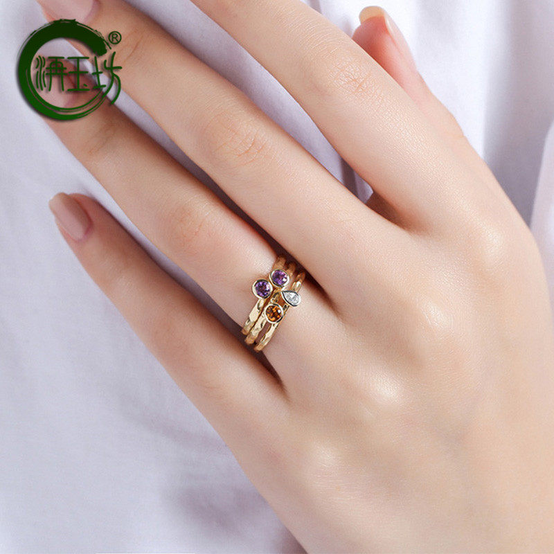 洅玉坊新款天然彩色9k紫晶混搭女戒 洅玉坊戒指/指环