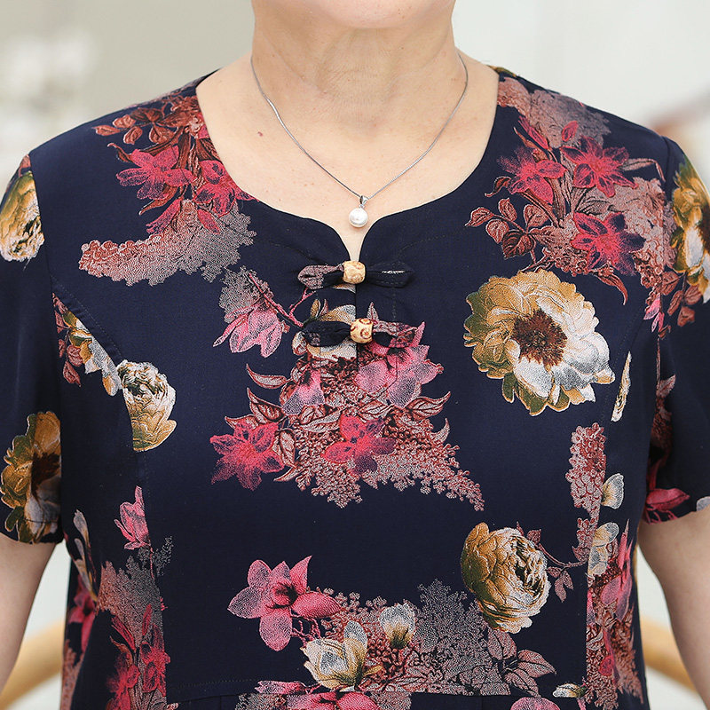 夏装棉绸连衣裙子60岁70妈妈中长裙 蔓姿莲中老年女装