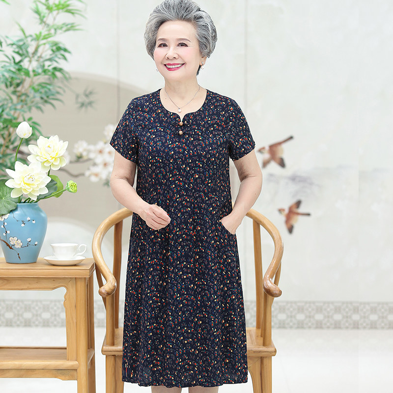 夏装棉绸连衣裙子60岁70妈妈中长裙 蔓姿莲中老年女装